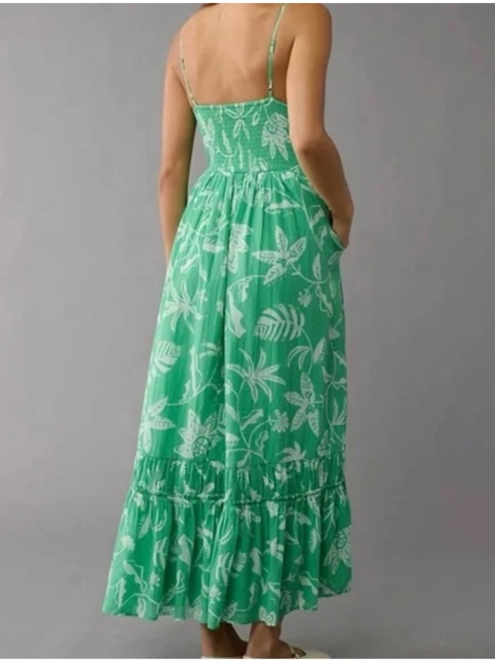 AE Green Tropical Midi Dress Flowy Tiered Beach Vacation Summer Large NWT - Picture 2 of 5